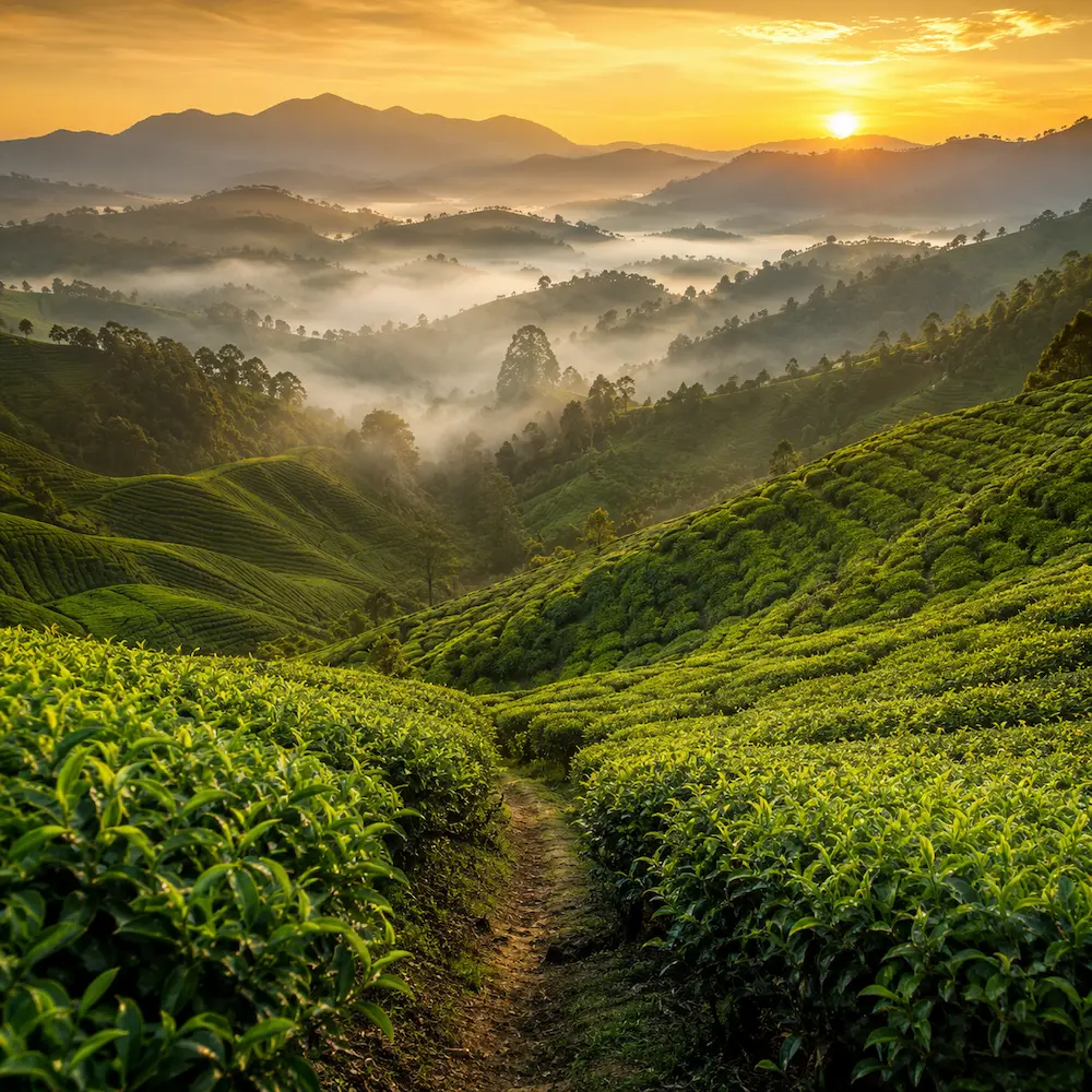 Malaysia travel collage with Kuala Lumpur skyline, tea fields and island scenery